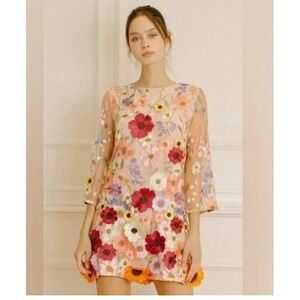 Storia 3D Floral Applique Mini Dress M Multicolor Sheer Sleeve Spring Easter